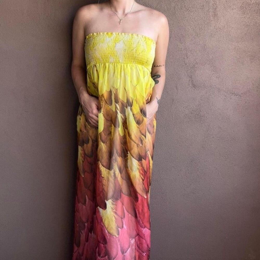 vintage feathery Yellow and pink maxi dress